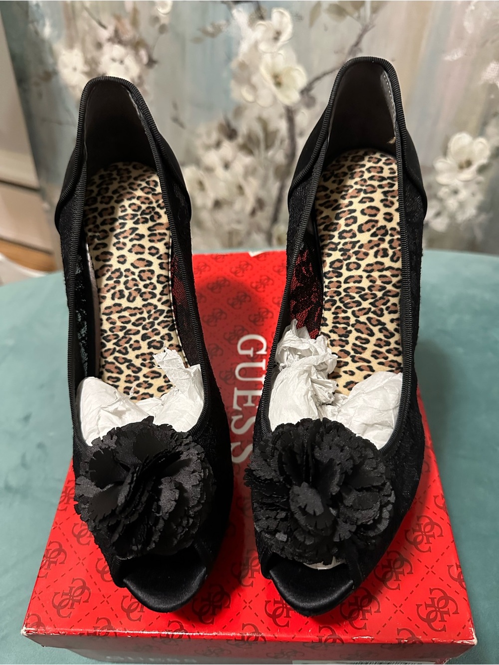Guess Black Peep-Toe Heels with Floral Accent
